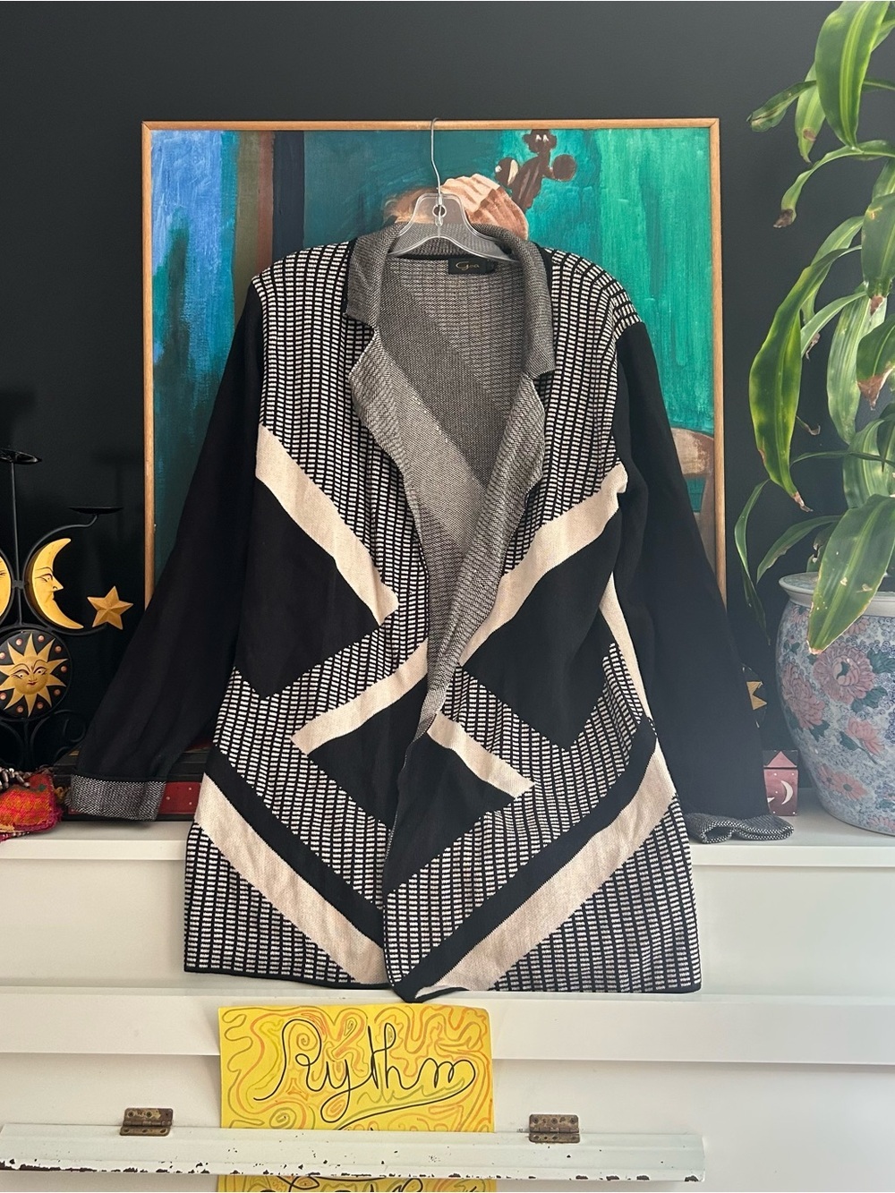 Goa Black Cream Geometric Open Front Cardigan Large